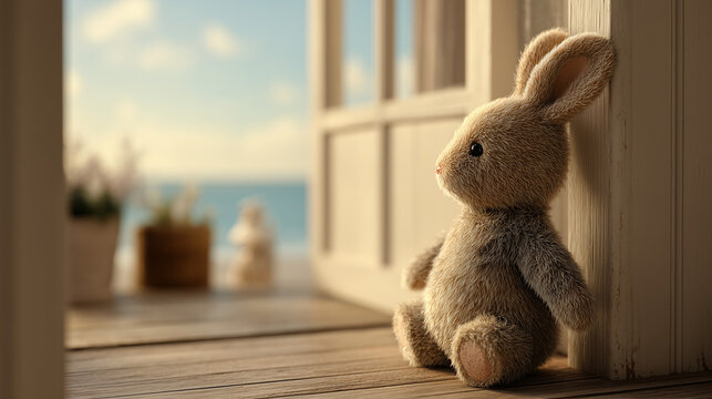 Plush teddy rabbit toy sitting on wooden floor by open door to ocean  
