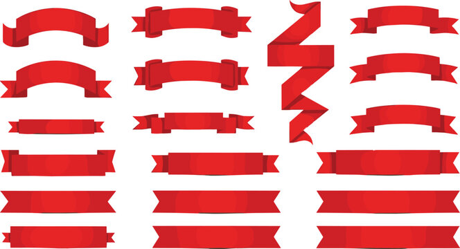 Red ribbon banner collection with curled, folded and flat decorative shapes for labels, awards and promotions