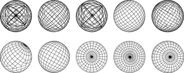 Abstract wireframe spheres and geometric mesh globes set showing multiple grid patterns and circular perspectives