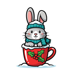 A bunny wearing winter clothing in a red holiday mug
