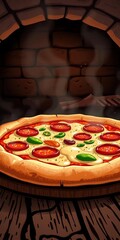 A rustic, vintage-style pizza illustration with a wood-fired oven texture and melted cheese,  classic,  Italian