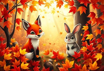 Whimsical forest animals, a friendly fox and curious rabbit, gather among vibrant autumn leaves in a magical, sun-dappled woodland, cute animals, natural