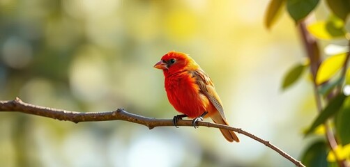 A vibrant red bird perched on a branch, its feathers glowing in soft sunlight,  vibrant, red bird