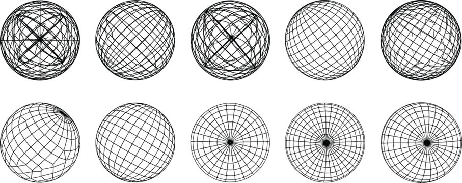 Abstract wireframe spheres and geometric mesh globes set showing multiple grid patterns and circular perspectives