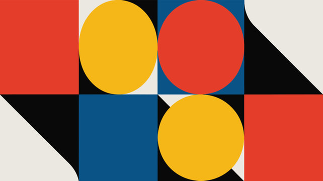 Minimalist geometric seamless pattern modular design concept featuring large colorful circles on square background tiles