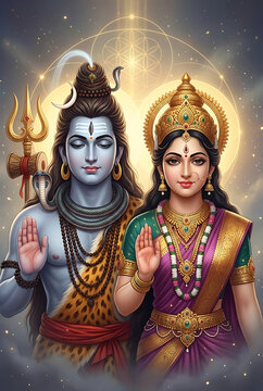 Lord shiva and parvati giving blessings with mudra hands against a cosmic golden background for maha shivaratri festival honoring the divine mahadev and shakti powers