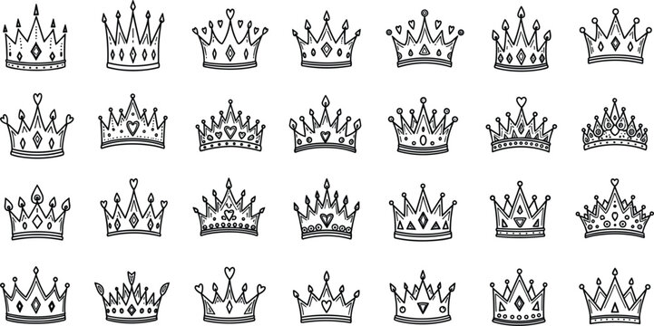 Hand-drawn royal crown doodle collection with decorative jewels, sketch outlines, and whimsical medieval king and queen headpieces