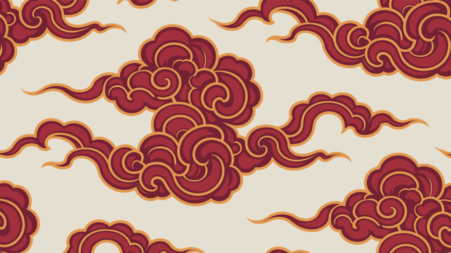 Seamless vector pattern with swirling traditional oriental clouds decorative artistic background texture