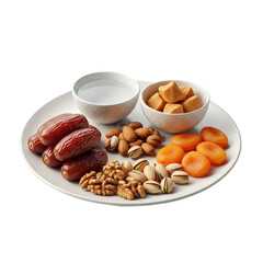 Fototapeta premium Traditional Ramadan Iftar Feast with Dates Nuts and Milk
