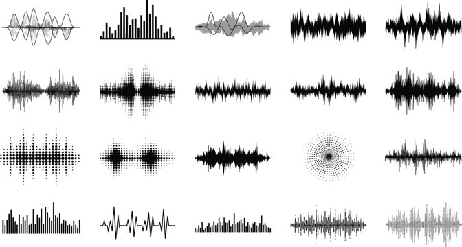 Abstract audio waveform and sound visualization set featuring equalizer bars, signal patterns, and digital frequency shapes