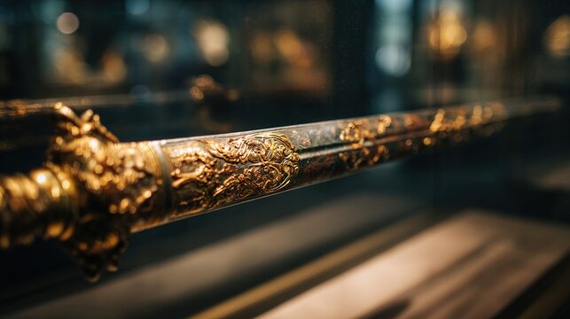 glaive. A ceremonial gilded glaive with carved shaft displayed in a museum. event programs, museum guides, designed for cultural heritage projects and event programs, preserves heritage.
