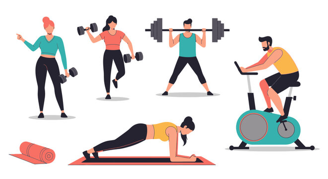 Minimalist aesthetic flat vector illustration of fitness training. People exercising with dumbbells and gym equipment.
