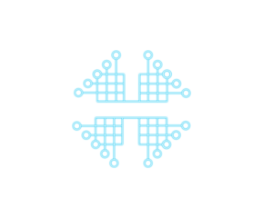 Abstract symmetrical circuit-style icon with connected nodes and digital pathways. Minimal tech illustration symbolizing data flow, networking, and modern technology systems. Ideal for technology bran