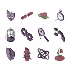 Abuse icon. Symbolic illustrations like masks, gears, and broken items. It is suitable for presentations, websites, and social media posts.