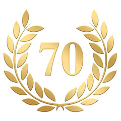 A golden laurel wreath encircles the number seventy creating an elegant emblem on transparent background