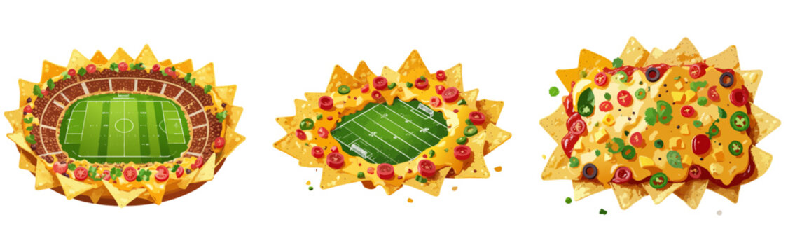 Football Nachos Vector Set &mdash; Stadium-Style Game Day Nacho Platters for Super Bowl Food
