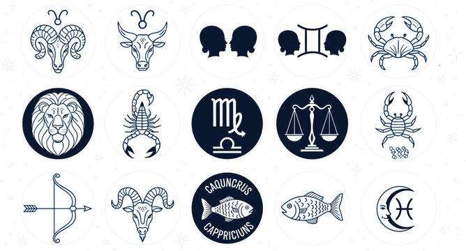 Zodiac astrology symbol collection with horoscope signs, constellation icons and mystical celestial emblems in elegant monochrome vector style