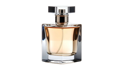 Elegant perfume bottle with a glass-like exterior, containing a light brown liquid