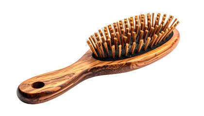 A wooden hairbrush with a curved handle and bristles, isolated on a black background