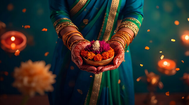 Close up of woman in traditional saree holding flower offerings during thaipusam celebration honoring lord murugan with prayer rituals and bokeh background of oil lamps