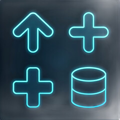 Obraz premium Set of futuristic neon UI icons including arrows, plus symbols.