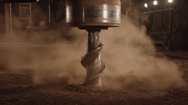 A drilling machine bores into earth, creating a dust cloud. Lighting illuminates the gritty scene