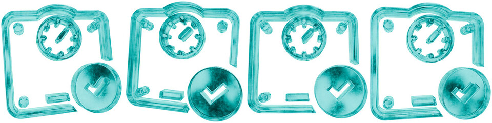 Set of four 3D maintain weight shapes in frosted blue ice glass style, isolated on a transparent background. Glassmorphism icons and 3D elements for modern graphic design.
