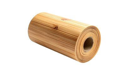 A roll of wood veneer with visible grain, isolated on a black background