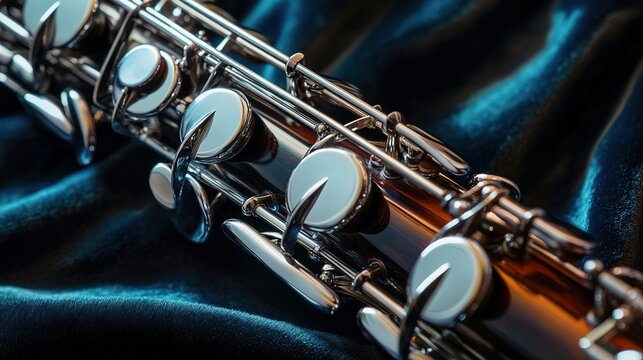 oboe. An elegant oboe with silver keys resting on dark velvet fabric. event programs, museum guides, designed for cultural heritage projects and event programs, supports education.