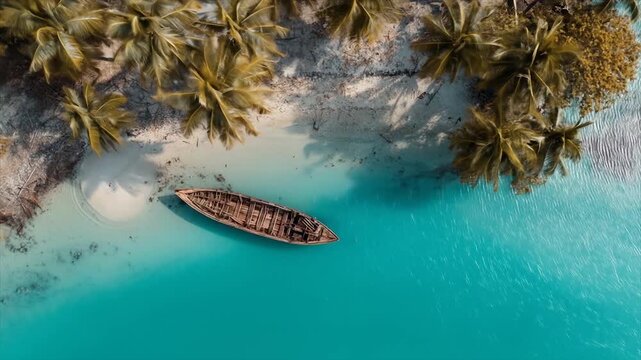 Aerial view of boat on tropical beach with palm trees and turquoise water