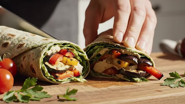 Vegetable wrap being sliced on wooden cutting board for culinary content