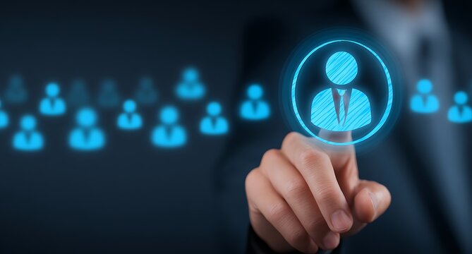 Futuristic interface showing customer data analytics and AI-driven target audience identification. Ideal for marketing, CRM, and business intelligence concepts.