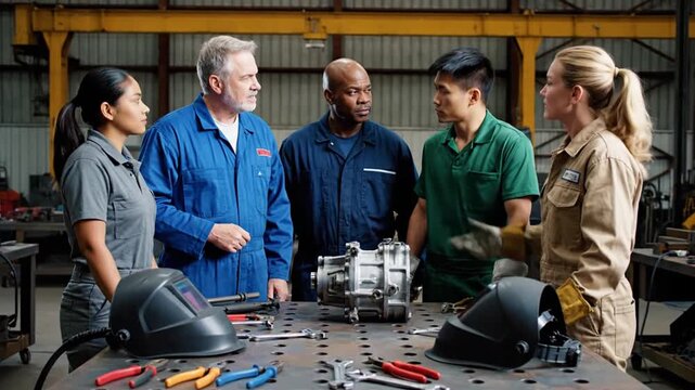 Workshop team inspects part.