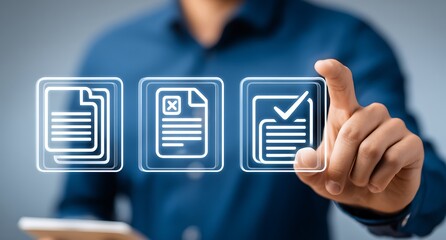 Digital feedback form interface, Businessman interacting with virtual online form. Perfect for customer feedback, survey UI, contact forms, digital onboarding, user experience in web applications.