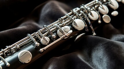 Obraz premium oboe. An elegant oboe with silver keys resting on dark velvet fabric. event programs, museum guides, designed for cultural heritage projects and event programs, supports education.