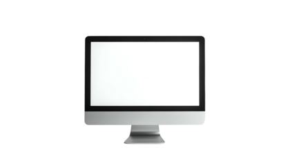 A modern desktop computer with a blank white screen isolated on a black background