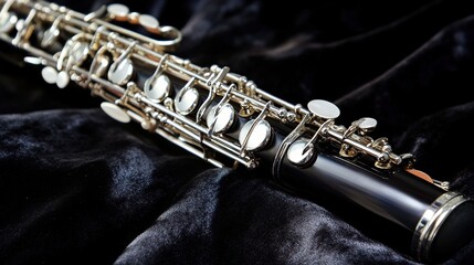 Obraz premium oboe. An elegant oboe with silver keys resting on dark velvet fabric. event programs, museum guides, designed for cultural heritage projects and event programs, supports education.