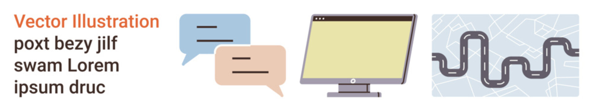 Communication, digital tools, navigation, technology, route planning, user interface. Speech bubbles, a computer monitor and a map with a path. Communication and digital tools concept