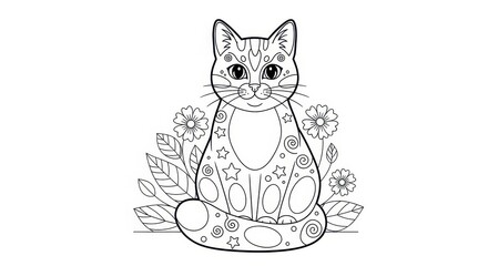 Obraz premium Detailed Cat Coloring Page with Floral Background for Relaxation.
