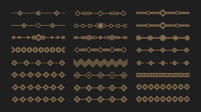 Gold retro art, vintage 1920s art deco decorative borders, elegant minimal golden frames, header dividers and creative template illustration.