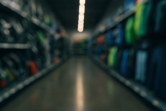 1920x1080 abstract view down a sporting goods aisle. Equipment forms soft dynamic shapes in grey, green, and blue tones. Strip LED lighting creates clean linear reflections on shiny epoxy floor.