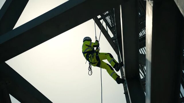 Worker rappels steel structure.