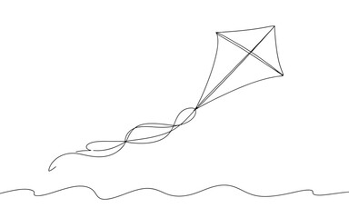 A single continuous line forms a kite with a flowing tail, depicted in black outline against a white backdrop, evoking freedom and playfulness. © StockSynergy