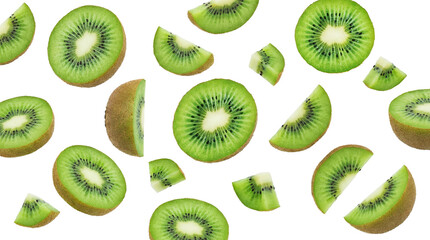 Fototapeta premium assortment of fresh kiwi halves and slices artfully arranged on a deep transparent background, showcasing vibrant green flesh and black seeds.