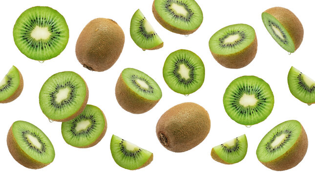 a generous scatter of fresh kiwi fruit, comprising whole coconuts, halved sections, and precise slices against a black void.