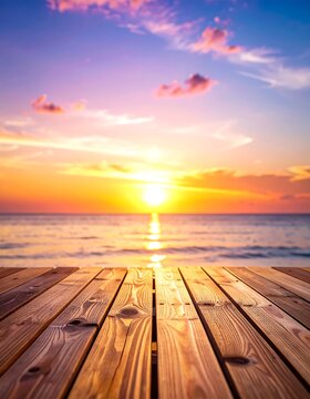A serene wooden dock overlooking a vibrant sunset over calm waters
