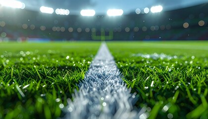 Extreme close up of white chalk line on green artificial turf grass with stadium lights background. Low angle sports field boundary detail.