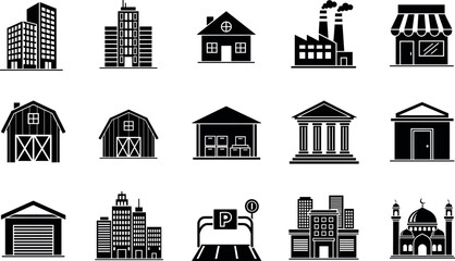 Professional building and architectural vector icon set featuring skyscraper house factory shop barn and bank symbols © Lunavera art