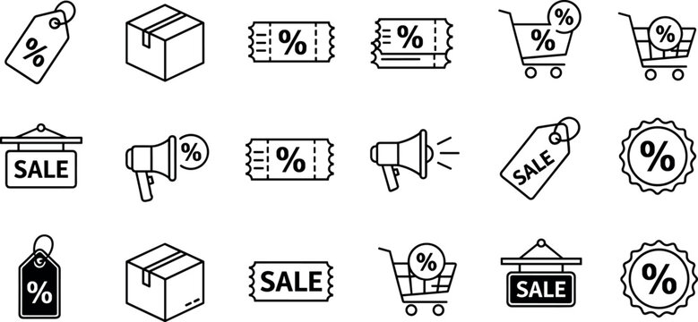 Shopping and discount icons, sale symbols, coupon design, price tag, megaphone, shopping cart, black vector set, retail promotion, marketing tools