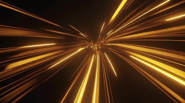 Advanced digital light ribbons in radiant gold and warm metallic tones slice through a dark void. Holographic glow, smooth kinetic motion, and high-tech ambiance